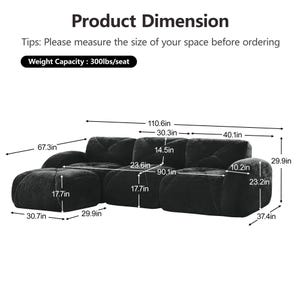 May include: A black modular sofa with a tufted design and an attached ottoman. The image displays technical dimensions in inches, including a total width of 110.6 inches, a height of 29.9 inches, and a weight capacity of 300 lbs per seat.