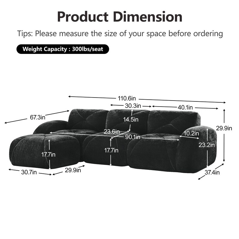 May include: A black modular sofa with a tufted design and an attached ottoman. The image displays technical dimensions in inches, including a total width of 110.6 inches, a height of 29.9 inches, and a weight capacity of 300 lbs per seat.