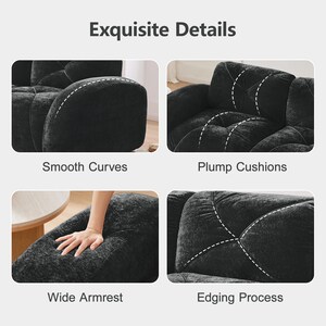 May include: A black sofa featuring four detailed views labeled Exquisite Details, Smooth Curves, Plump Cushions, Wide Armrest, and Edging Process. The images highlight the textured fabric, rounded armrests, tufted cushions, and stitched seams.