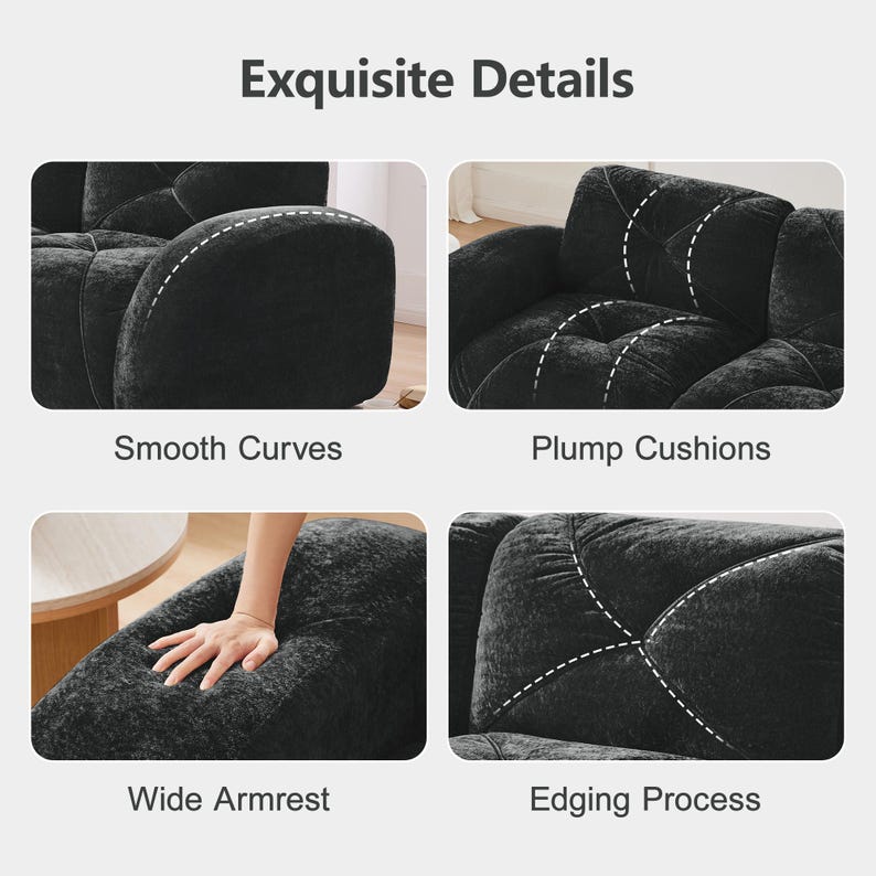 May include: A black sofa featuring four detailed views labeled Exquisite Details, Smooth Curves, Plump Cushions, Wide Armrest, and Edging Process. The images highlight the textured fabric, rounded armrests, tufted cushions, and stitched seams.
