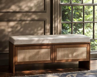 Rattan Storage Bench with Linen Cushion, Entryway Shoe Cabinet, Wood End Bed Bench