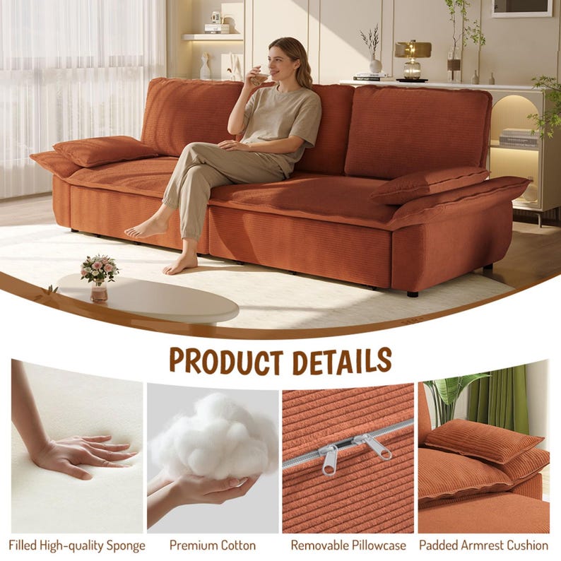 Corduroy 3-in-1 Sofa Bed • Chaise Lounge for Small Spaces image 4