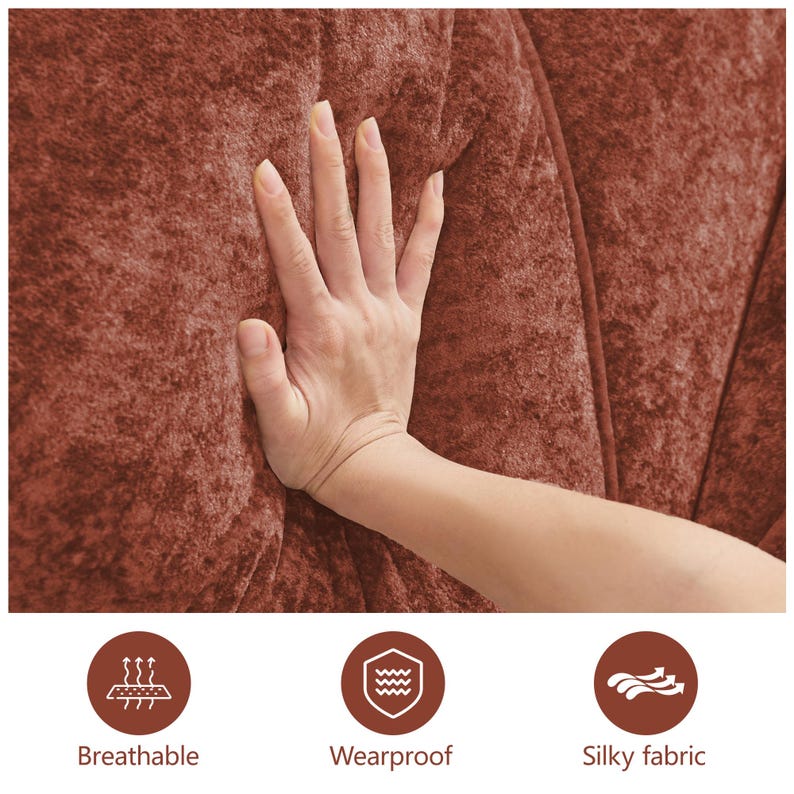 May include: Close-up of a textured, reddish-brown fabric. The image shows a hand pressing into the material, highlighting its softness. Icons below indicate the fabric is breathable, wearproof, and silky.