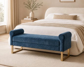 Blue Upholstered Ottoman Bench with Gold Metal Legs, 65 Inch End of Bed Bench