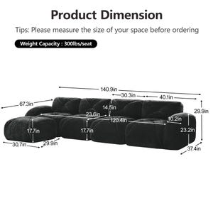 May include: A black modular sofa with a tufted design and an ottoman. Dimensions include a total width of 140.9 inches, a height of 29.9 inches, and a depth of 37.4 inches. The weight capacity is 300 lbs per seat. Text reads Product Dimension.