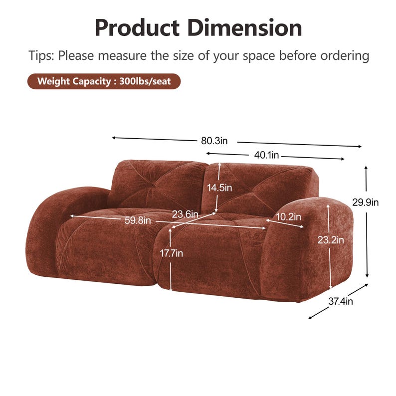May include: A rust-colored, two-piece sofa with dimensions labeled in inches. The sofa has a diamond-patterned back and armrests. The overall length is 80.3 inches, with a seat depth of 23.6 inches. Weight capacity is 300lbs per seat.