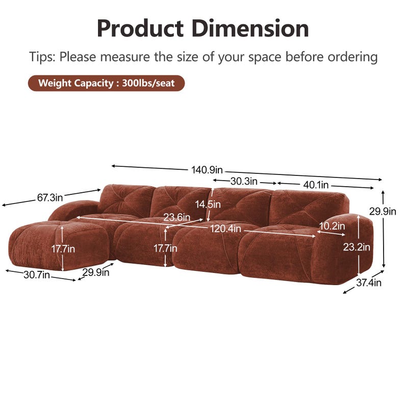 May include: A modular, rust-colored sectional sofa with dimensions displayed. The sofa features a chaise lounge and multiple cushioned sections. The image includes measurements in inches, such as 140.9 inches in length and 29.9 inches in height. The text indicates a weight capacity of 300 lbs per seat.