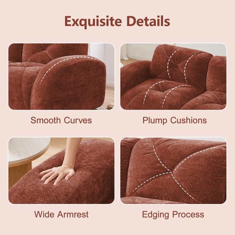 May include: Close-up shots of a rust-colored sofa showcasing details. The images highlight smooth curves, plump cushions, a wide armrest, and the edging process. Text reads "Exquisite Details".