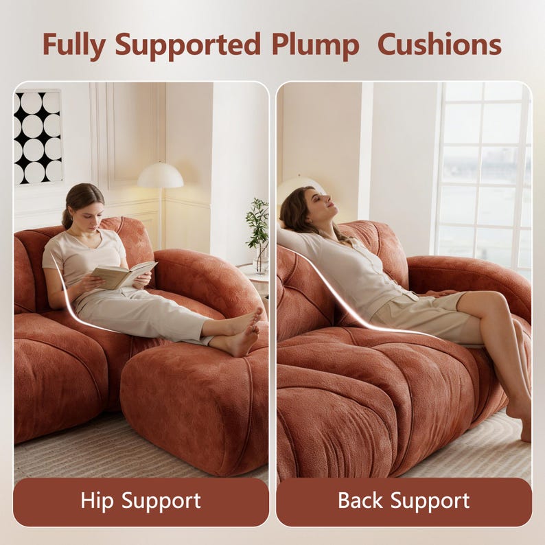 May include: Two-panel image showcasing a plush, rust-colored sofa with the text "Fully Supported Plump Cushions." The left panel highlights hip support, while the right panel emphasizes back support. The sofa's design features rounded, cushioned sections, suggesting comfort and support.