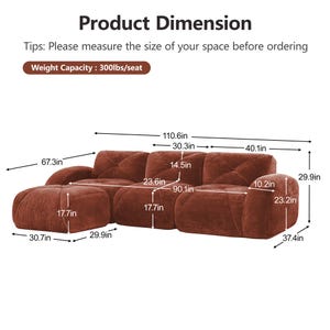 May include: A modular rust-colored sofa with dimensions displayed. The sofa includes a chaise lounge and multiple sections. The image shows the overall length at 110.6 inches, with a seat weight capacity of 300 lbs.