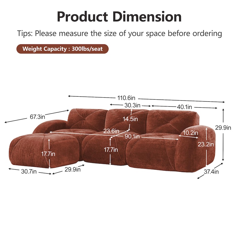 May include: A modular rust-colored sofa with dimensions displayed. The sofa includes a chaise lounge and multiple sections. The image shows the overall length at 110.6 inches, with a seat weight capacity of 300 lbs.