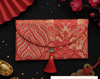 Sobre rojo brocado con diseño de la ola de la fortuna, sobre chino de boda (Hongbao), portamonedas de la suerte, sobre rojo del Año Nuevo Lunar.
