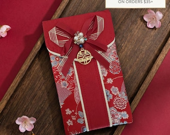 Bolso de boda de brocado de lujo, sobre rojo "Doble Felicidad" con lazo, regalo de satén para la ceremonia del té, monedero reutilizable, bolsa para joyas de novia.
