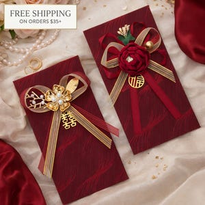Sobre rojo de lujo para bodas, doble felicidad, Hongbao de la suerte, regalo para la ceremonia del té imagen 1