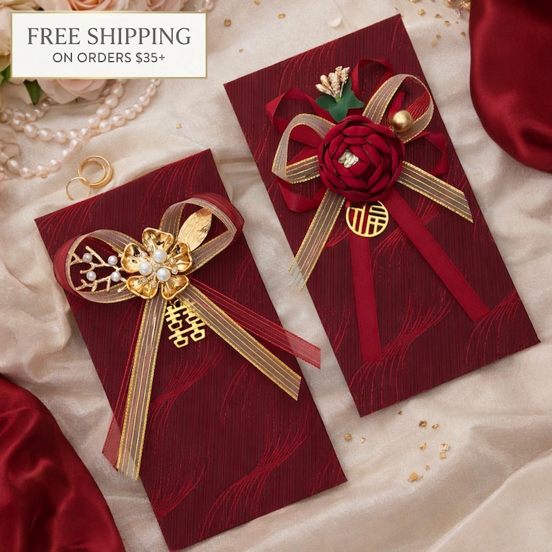 Sobre rojo de lujo para bodas, doble felicidad, Hongbao de la suerte, regalo para la ceremonia del té imagen 1