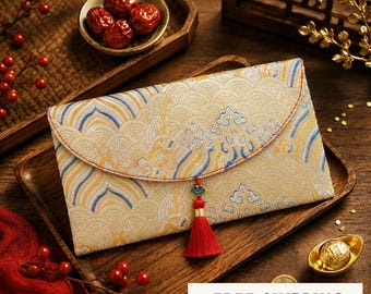 Hongbao de boda de brocado dorado de lujo, sobre rojo chino, portamonedas de la suerte, bolsa de recuerdo reutilizable