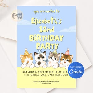 May include: A light blue birthday party invitation with the text "Elizabeth's 12nd Birthday Party". The invitation features four cartoon kittens wearing party hats. The invitation includes the date, time, and location.