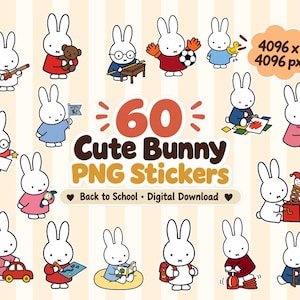 60 adorables pegatinas de conejitos para la vuelta al cole, PDF imprimible y plantilla editable de Canva.