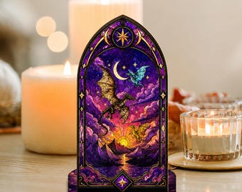 Candelabro de la cuarta ala, rincón del libro del dragón, lámpara de ventana de fantasía Basgiath, portavelas de madera, regalo decorativo para estantería, regalo para amantes de los libros
