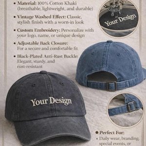 Puede incluir: Dos gorras de b&eacute;isbol de algod&oacute;n caqui lavado con el texto "Your Design" bordado en la parte delantera. Las gorras tienen un cierre trasero ajustable y una hebilla antioxidante chapada en negro. La imagen tambi&eacute;n muestra los detalles del producto.