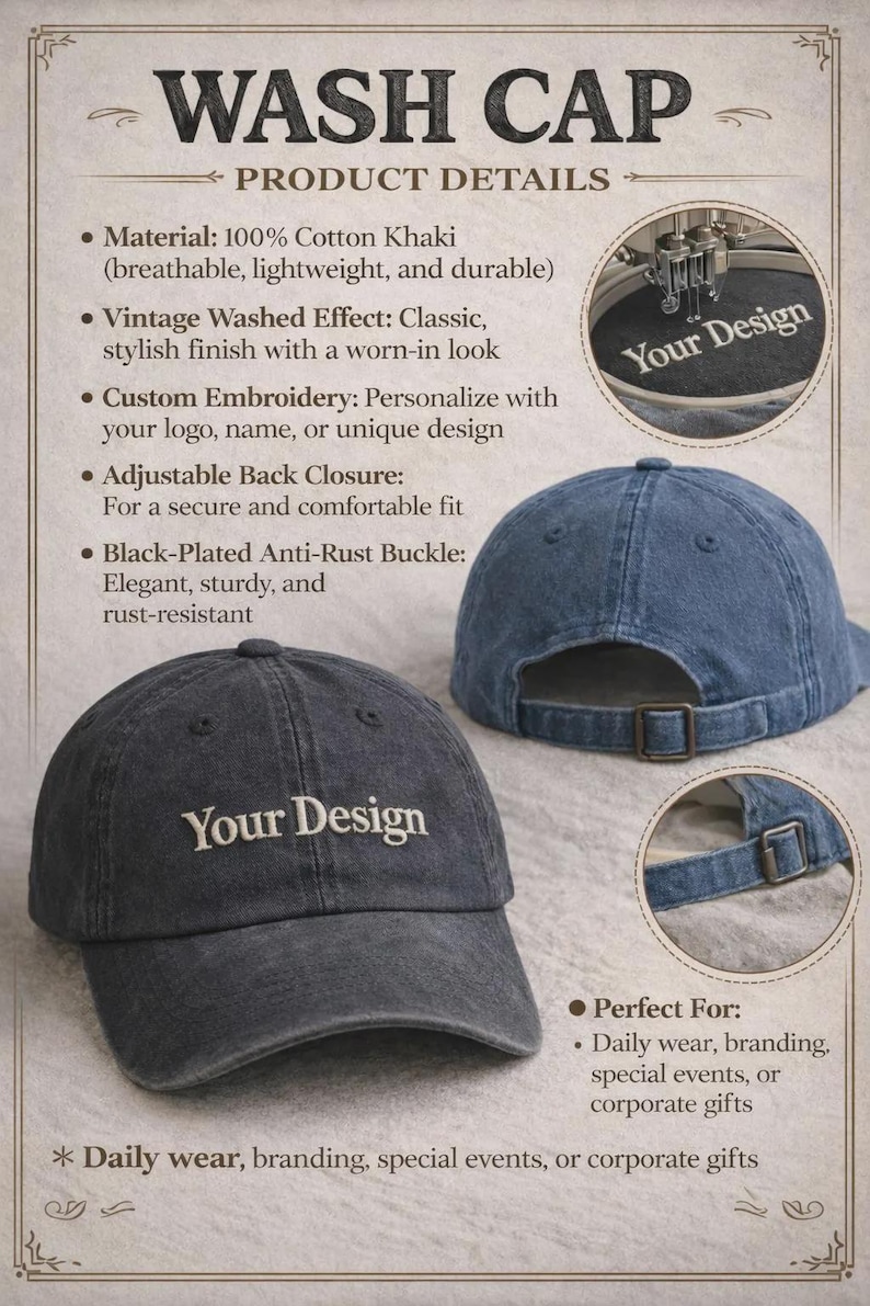 Puede incluir: Dos gorras de b&eacute;isbol de algod&oacute;n caqui lavado con el texto "Your Design" bordado en la parte delantera. Las gorras tienen un cierre trasero ajustable y una hebilla antioxidante chapada en negro. La imagen tambi&eacute;n muestra los detalles del producto.