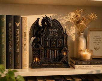 Contador de lectura personalizado de libros de dragones leídos este año, registro de lectura de fantasía, regalo de decoración gótica para estantería de biblioteca, regalo para amantes de los libros