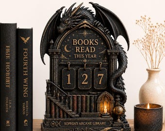Contador de lectura personalizado de libros de dragones leídos este año, registro de lectura de fantasía, regalo de decoración gótica para estantería de biblioteca, regalo para amantes de los libros