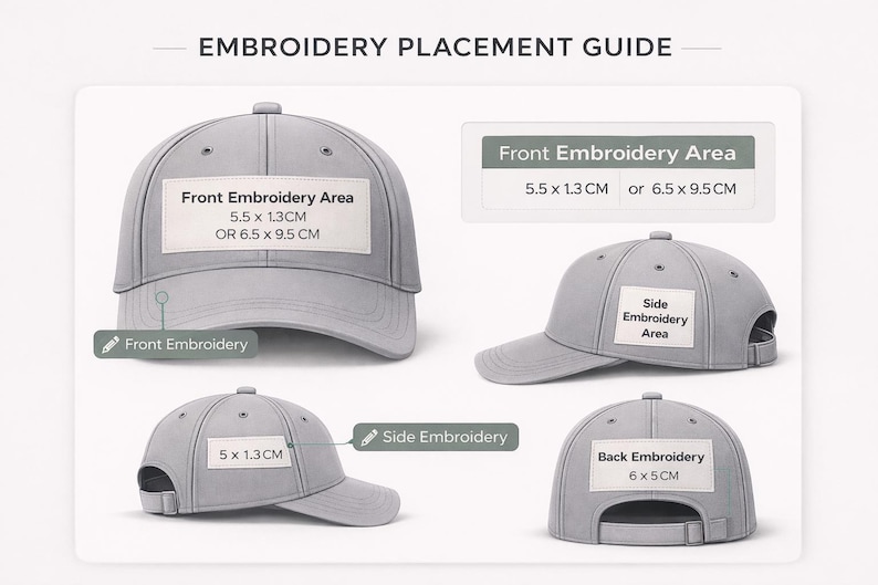 Puede incluir: Una gu&iacute;a de colocaci&oacute;n de bordados con cuatro gorras de b&eacute;isbol grises. La gu&iacute;a indica las &aacute;reas de bordado frontal, lateral y posterior con dimensiones en cent&iacute;metros. El &aacute;rea frontal es de 5,5 x 1,3 cm o 6,5 x 9,5 cm.