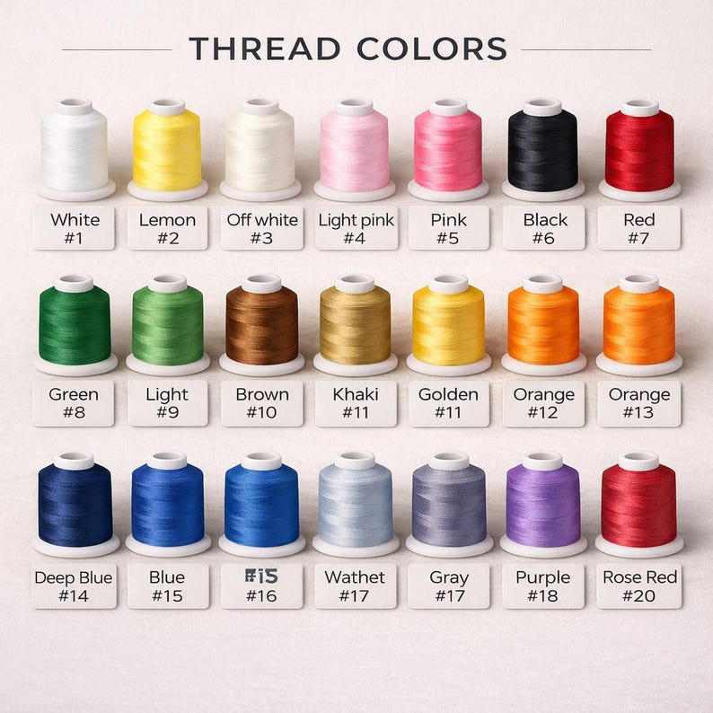 Puede incluir: Una carta de colores que muestra carretes de hilo en varios colores, incluyendo blanco, amarillo, rosa, negro y rojo. La carta est&aacute; etiquetada como "THREAD COLORS" e incluye nombres y n&uacute;meros de color para cada carrete.