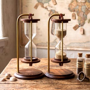 May include: Two hourglasses with dark wood bases and gold-toned metal frames. One hourglass is empty, while the other contains sand. Two small glass vials labelled Maui Sand and Sahara Dust sit nearby, along with a small metal funnel and seashells.