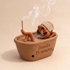 Peut inclure: Un brûleur d'encens en terre cuite en forme de baignoire avec une figurine qui se détend à l'intérieur. La figurine porte un bandeau blanc et tient un bâton d'encens. Le texte "David's 15 minutes" est gravé sur le côté, avec de la fumée.