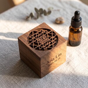 Sri Yantra Essential Oil Diffuser, Personalized Walnut Wood Car Diffuser, Portable Aromatherapy Gift