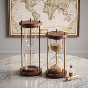 May include: Two hourglasses with dark wood bases and tops, connected by brass-colored metal rods. The smaller hourglass contains tan sand and is engraved with the text "EMILY & JAMES 2024.11.16". Two small glass vials with cork stoppers sit nearby.