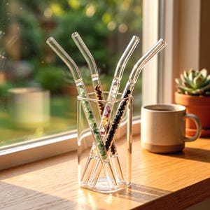Könnte beinhalten: Vier Trinkhalme aus klarem Glas mit gebogenen Enden, die jeweils kleine, bunte und polierte Edelsteine enthalten. Die Halme stehen aufrecht in einem klaren Glasbecher und zeigen grüne, braune, violette und schwarze Steine.