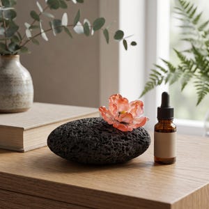 May include: A porous black volcanic rock featuring a delicate, translucent coral-pink glass flower with a yellow center attached to its surface, positioned next to a small amber glass dropper bottle with a black cap and a blank beige label.