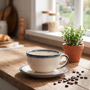 May include: A cream-colored ceramic teacup and saucer set with a dark blue rim. The cup sits on a wooden surface with scattered coffee beans. A small potted plant is in the background.