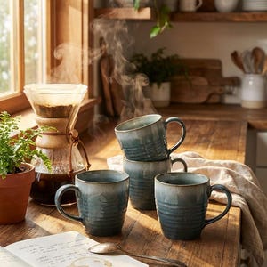 May include: A cozy kitchen scene with four blue-green ceramic mugs, steam rising from one. A coffee maker and a notebook with a spoon rest on a wooden surface. The mugs have a textured design. The scene is lit by natural light.
