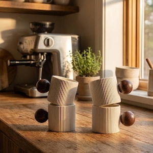 May include: Four stacked, cream-colored ceramic mugs with vertical ribbed detailing. Each mug has a dark brown, spherical handle. The mugs are arranged on a wooden surface, with a coffee machine and other kitchen items in the background.