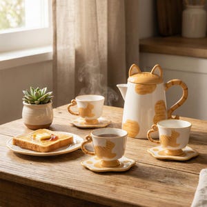 May include: A white ceramic tea set with orange cat-themed accents sits on a wooden table. The set includes a teapot with cat ear details, teacups, saucers, and a plate of toast with butter and jam. A small succulent plant is also present.