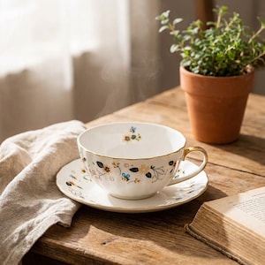 May include: A white ceramic mug with a black handle and the text "But First, Coffee" in a bold, black font. The mug is set against a blurred background, suggesting a cozy setting.
