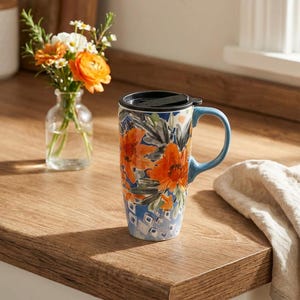 May include: Tall ceramic travel mug with a black lid and a blue handle. The mug is decorated with orange and blue floral patterns. A small vase of flowers sits nearby on a wooden surface.