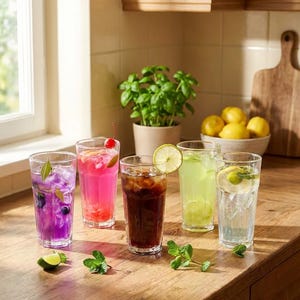May include: Six tall glasses filled with colorful beverages, garnished with fruit and herbs, sit on a wooden countertop. The drinks include purple, pink, and green options, with ice and garnishes like cherries and lime slices. A basil plant and lemons are in the background.