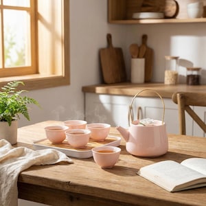 May include: A pink ceramic tea set with a teapot and six matching cups. The teapot has a gold handle and a flower on top. The cups are arranged on a bamboo tray. The set is on a wooden table with a book and a plant.