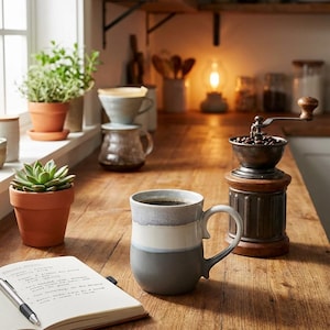 May include: A ceramic mug with a gray, white, and blue color block design, filled with coffee, sits on a wooden surface. A manual coffee grinder, a notebook with a pen, and potted plants are also visible in the kitchen setting.