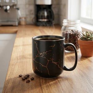 May include: A black ceramic coffee mug with a gold marble design, filled with coffee. The mug sits on a wooden surface, with coffee beans scattered around. A glass jar of coffee beans and a small potted succulent are in the background.