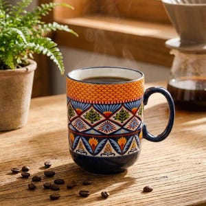 May include: A ceramic coffee mug with a colorful geometric pattern, filled with dark coffee. The mug has a blue handle and base, with orange, blue, and yellow designs. Coffee beans are scattered on the wooden table.