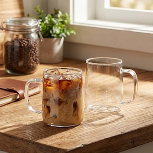 May include: Two clear glass mugs with handles sit on a wooden surface. One mug is filled with iced coffee, showing a mix of brown and tan colors. The other mug is empty. A glass jar with coffee beans and a small plant are in the background.
