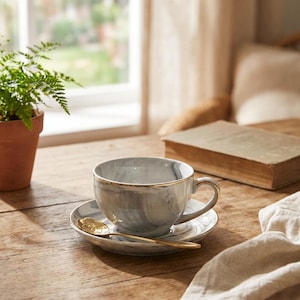 May include: A marble-patterned teacup and saucer set with a gold rim and a gold spoon. The teacup and saucer are light gray with a swirling pattern. The spoon has a floral design. The set is on a wooden table.