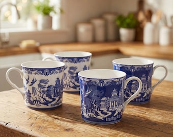 Tea Set Blue Willow Bone China Mug Set of 4, 10 oz.