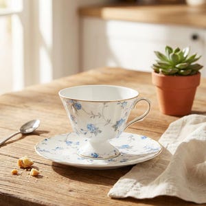 May include: A white teacup and saucer set with a floral blue pattern and gold trim. The teacup sits on a pedestal base. A small spoon and a few crumbs are on the wooden table.